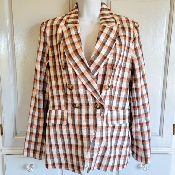 Joie Jackets & Blazers - Joie Plaid Womens Cotton Blend Button Lined Blazer Jacket Tan Cream Navy Size M